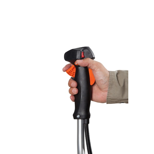 BLACKDECKER GST43 handle close-up with black and orange controls, held by a hand, side angle.