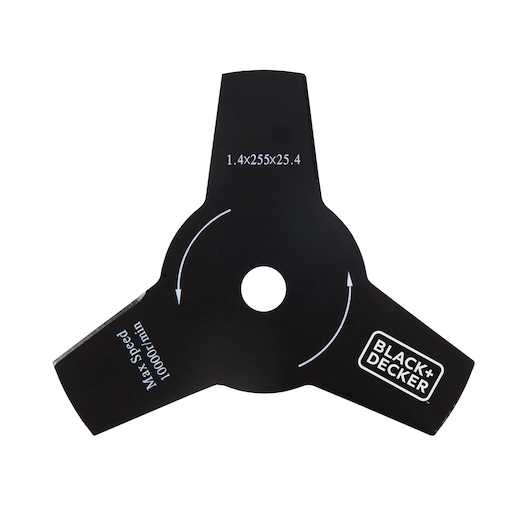 BLACK+DECKER GST43 black three-tooth trimmer blade, top view, with white product markings and logo.