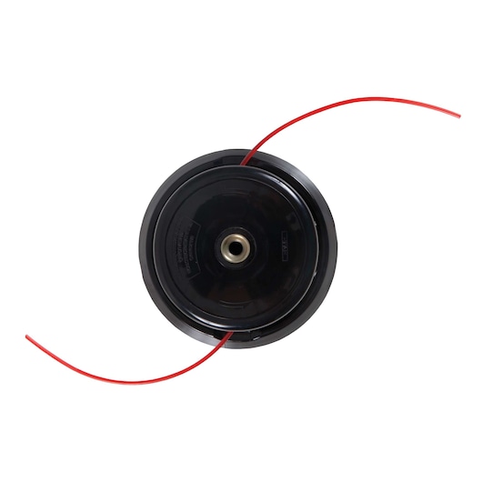 BLACKDECKER GST43 grass trimmer spool, black with two red lines, top view on white background.