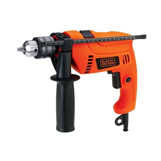 BLACKDECKER HD555K orange corded hammer drill with side handle, photographed on white background.
