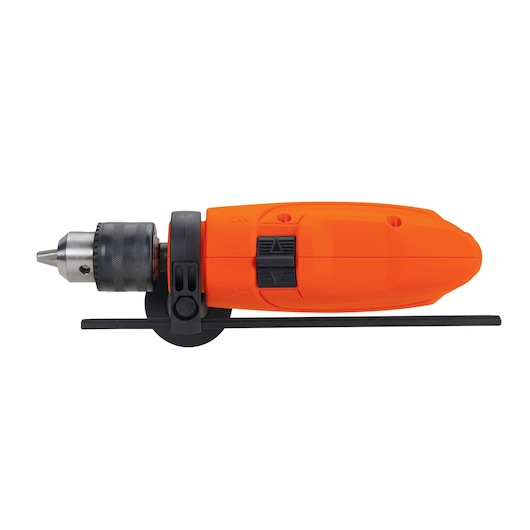 BLACKDECKER HD650 orange corded drill side view with depth gauge on white background.