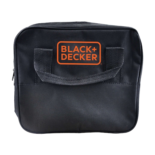 BLACK+DECKER HP12 black tool bag with orange logo, two handles, front view, white background.