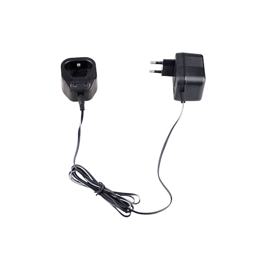 BLACKDECKER HP12 black power adapter and charger with EU plug, two indicator lights, front angle, white background.