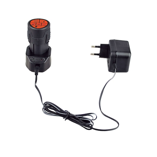 BLACKDECKER HP12 battery charger with European plug and connected charging cable, front angle on white background.