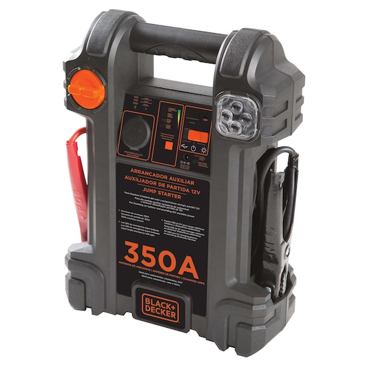 Photo of BLACK+DECKER JS350S portable jump starter, black and orange, 350A, front angle on white background.