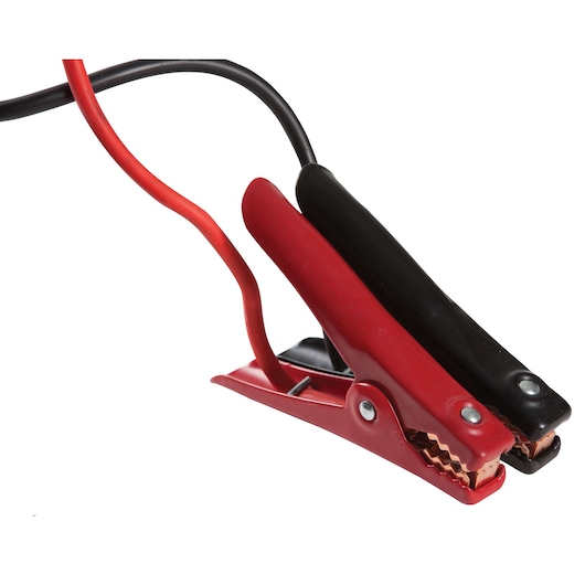 BLACKDECKER JS350S jumper cable clamps, red and black, close-up on white background.