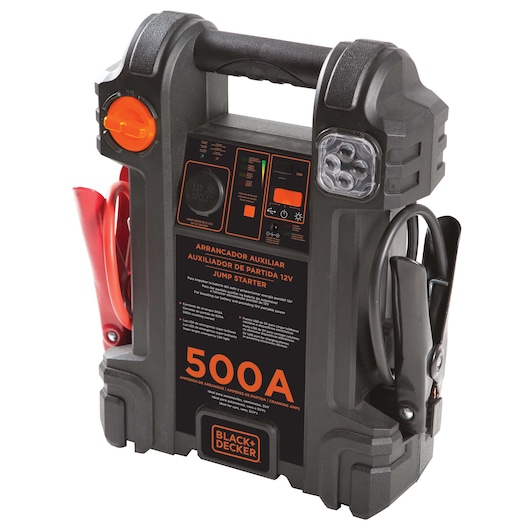 Photo of BLACK+DECKER JS500S jump starter, 500A, with black and orange design, carrying handle, clamps, and LED light, front angle.