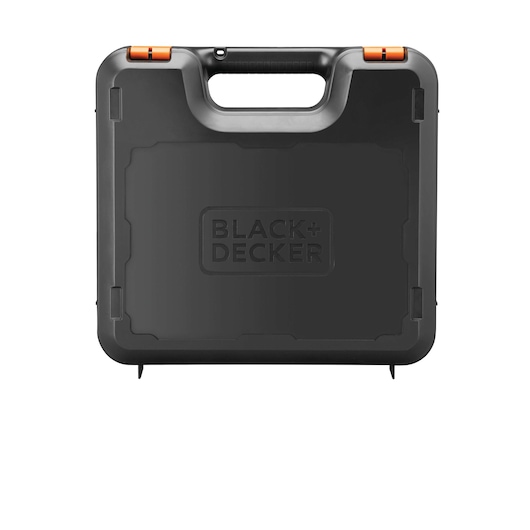Photo of BLACK+DECKER KS701PEK black plastic carrying case with orange latches, front angle, on white background.