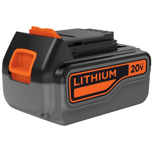 BLACKDECKER LB2X4020 20V MAX lithium battery with black, gray, and orange accents, angled view on white background.
