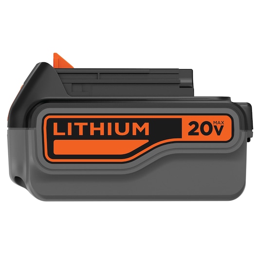 BLACKDECKER LB2X4020 lithium 20V max battery side view, black and orange casing, white background.