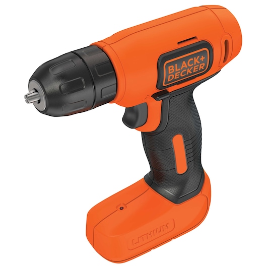 BLACK+DECKER LD008 cordless orange and black drill, side angle, with lithium battery base.