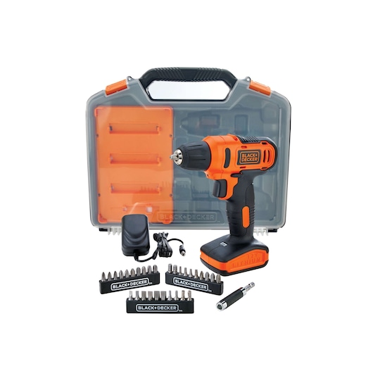 Photo of BLACK+DECKER LD12SC cordless drill set with orange and black drill, accessory bits, charger, and gray carrying case.