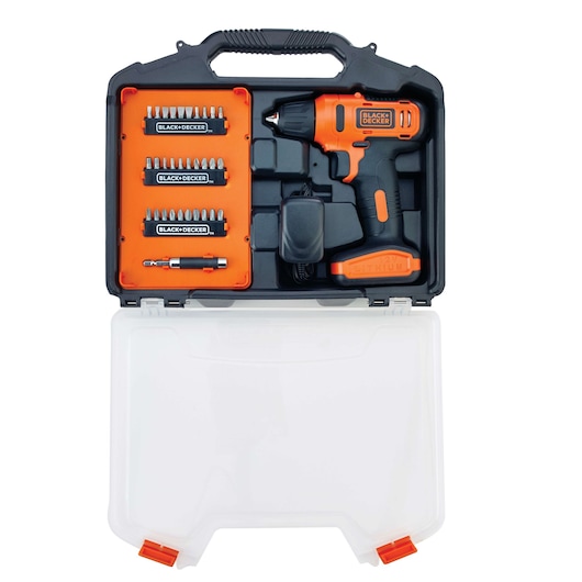 BLACK+DECKER LD12SC cordless drill kit with drill, charger, and assorted bits in black and orange carrying case, top view.