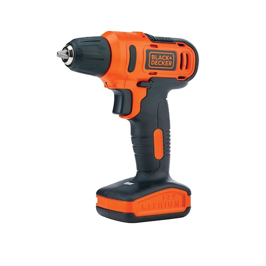 BLACKDECKER LD12S cordless drill, orange and black, side angle on white background, 12V lithium battery.