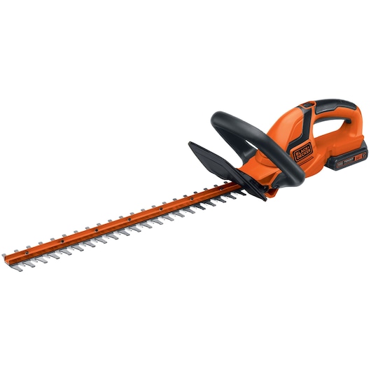 Photo of BLACKDECKER LHT2220 cordless orange hedge trimmer, side angle on white background.