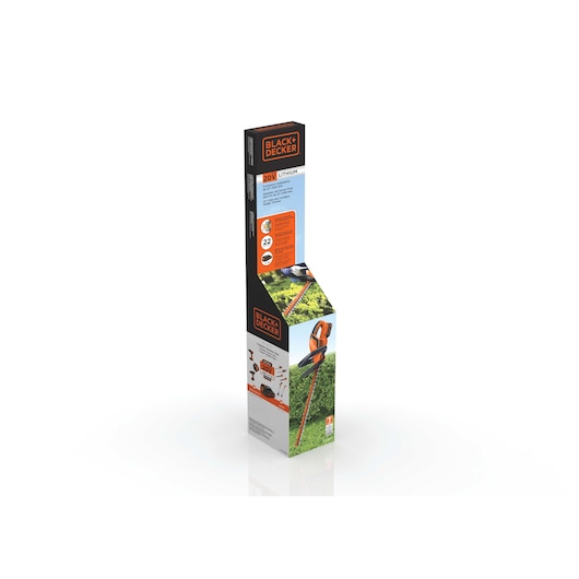 BLACK+DECKER LHT2220 hedge trimmer in branded packaging, with product image and details on the box.