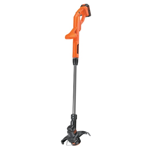 BLACKDECKER LST201 cordless string trimmer, orange and black, side angle on white background.