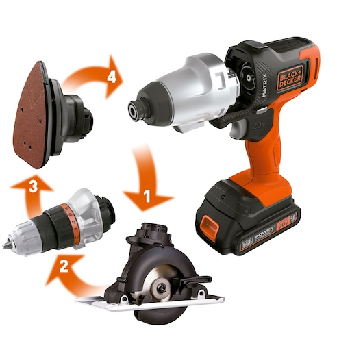 BLACK+DECKER MTX20K6A cordless power tool with four interchangeable attachments: impact driver, drill, circular saw, and sander, front angle.
