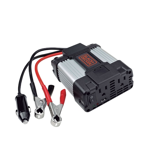 BLACK+DECKER PI400LA power inverter with clamps and car adapter, silver and black, angled front view on white background.