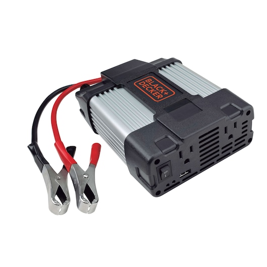 BLACK+DECKER PI750LA power inverter with silver and black body, red and black cables, front angle on white background.