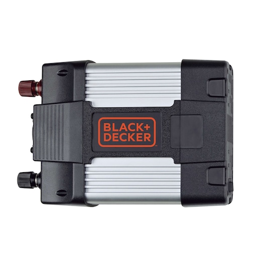 BLACK+DECKER PI750LA silver and black power inverter, top view, with ribbed casing and visible connectors.
