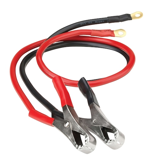 BLACKDECKER PI750LA jumper cables, red and black, clamps and ring terminals, front angle, white background.