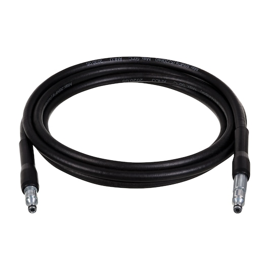 BLACKDECKER PW1450TD black pressure washer hose with metal fittings, front angle on white background.