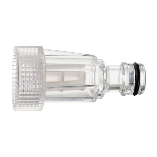 BLACKDECKER PW1450TD transparent plastic water filter adapter, side angle, photography.