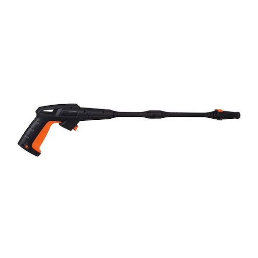 BLACKDECKER PW1450TD pressure washer spray gun, black and orange, side angle on white background.