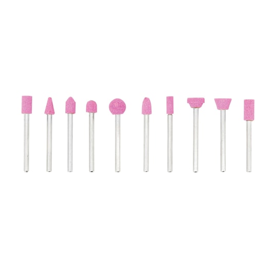 BLACKDECKER RT18KA rotary tool grinding stone set, ten pieces with pink grinding heads and silver shafts, front view.