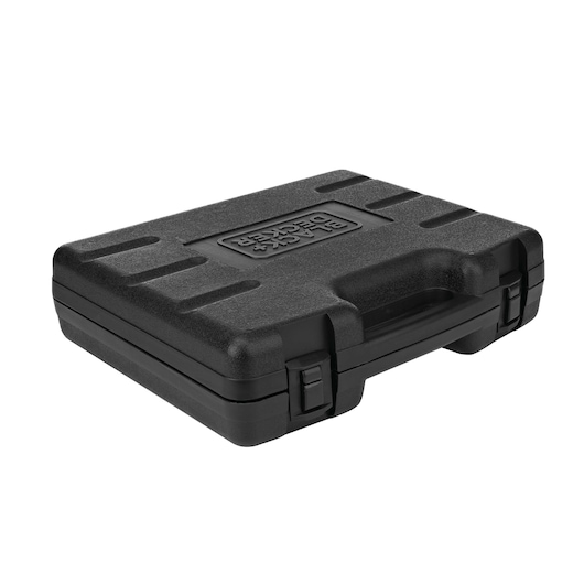 BLACKDECKER RT18KA tool case, black hard plastic, sturdy latches, angled view, white background.