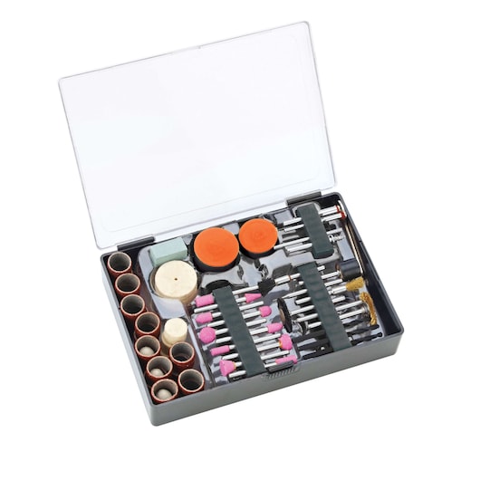 BLACKDECKER RT18KA rotary tool accessory kit with assorted attachments, top view, white background.