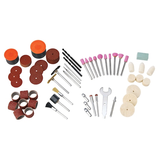 BLACKDECKER RT18KA rotary tool accessory set, assorted attachments, sanding, grinding, polishing, top view