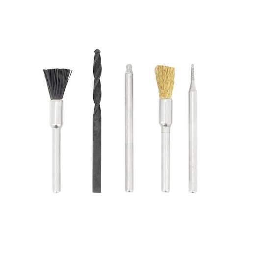 BLACKDECKER RT18KA rotary tool accessory kit with five assorted bits, shown upright on white background.