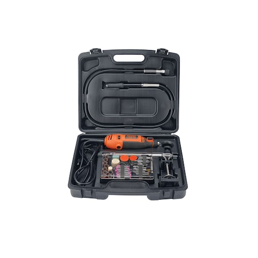 BLACKDECKER RT18KA rotary tool kit with orange tool, accessories, and flexible shaft in black hard case, front angle.