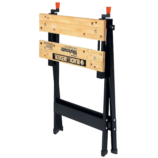 BLACKDECKER WM125 folding workbench with wooden top and black metal legs, front angle on white background.