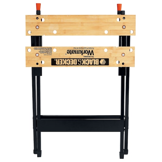 Photo of BLACK+DECKER WM125 portable workbench with wooden top and black foldable frame, front angle.