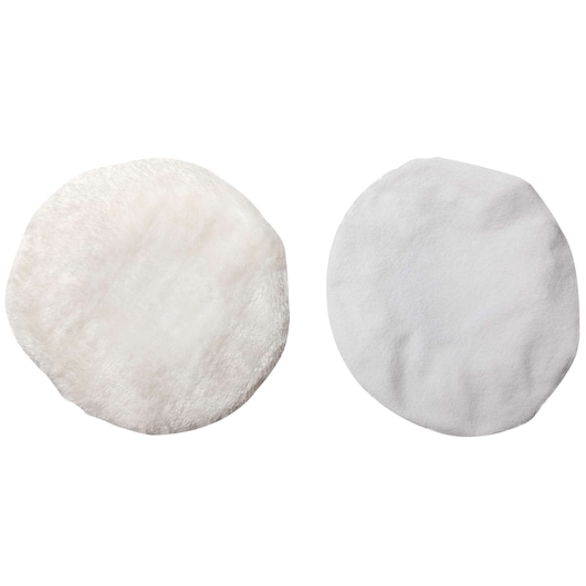 BLACKDECKER WP1200 white round polishing bonnets set, soft fabric, photography, top view on white background.